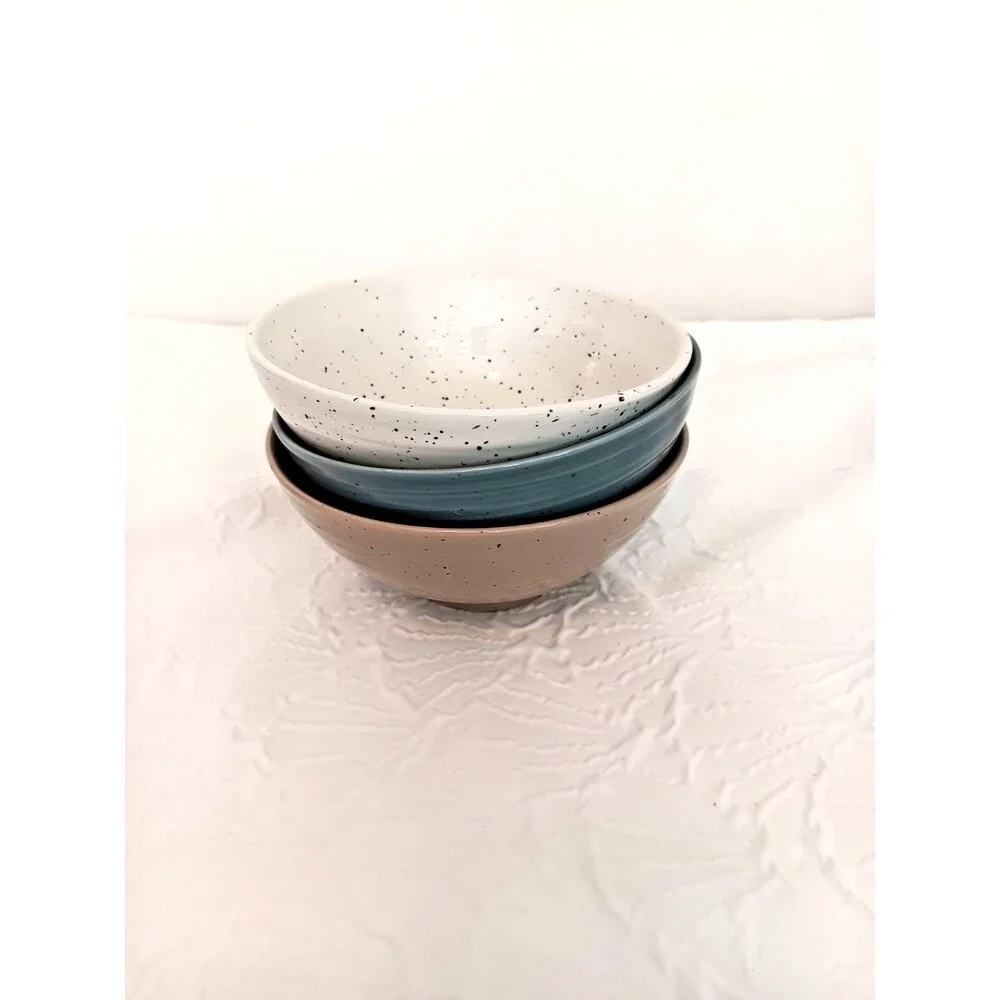 Sango Artist’s Blend Stoneware Salad Bowls Set of 3 Speckled Blue Taupe Cream